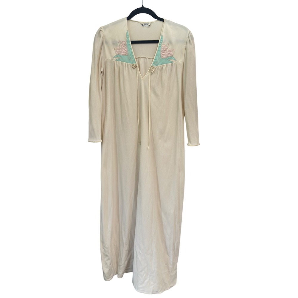 Natori Nightgown Vintage 80s Ivory Floral‎ Applique Long Sleeve Maxi Lounger